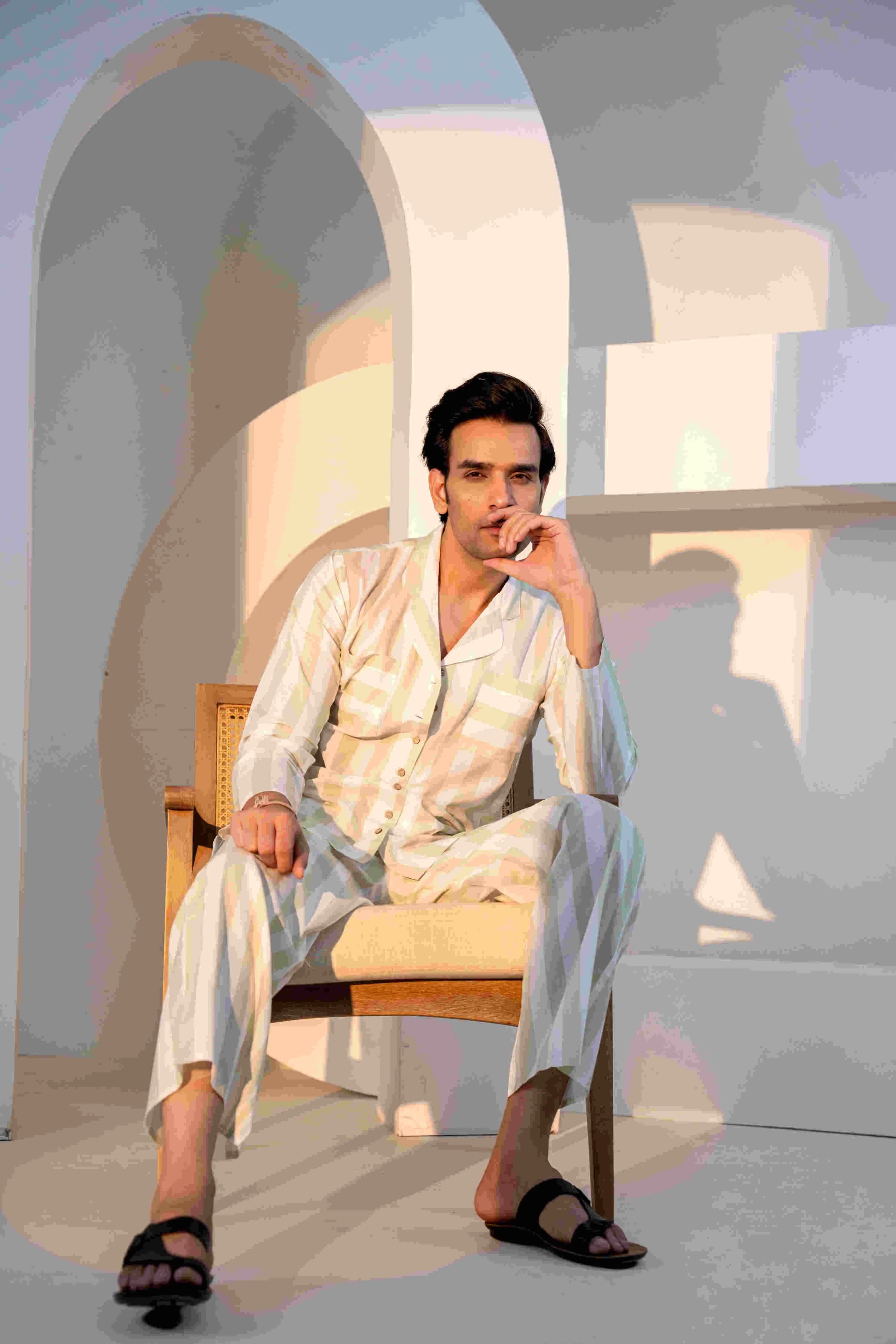 100% Cambric Cotton Sage Stripes Men's Sleepwear