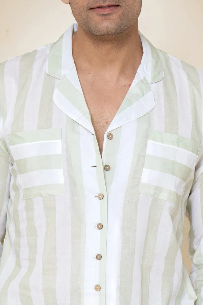 100% Cambric Cotton Sage Stripes Men's Sleepwear