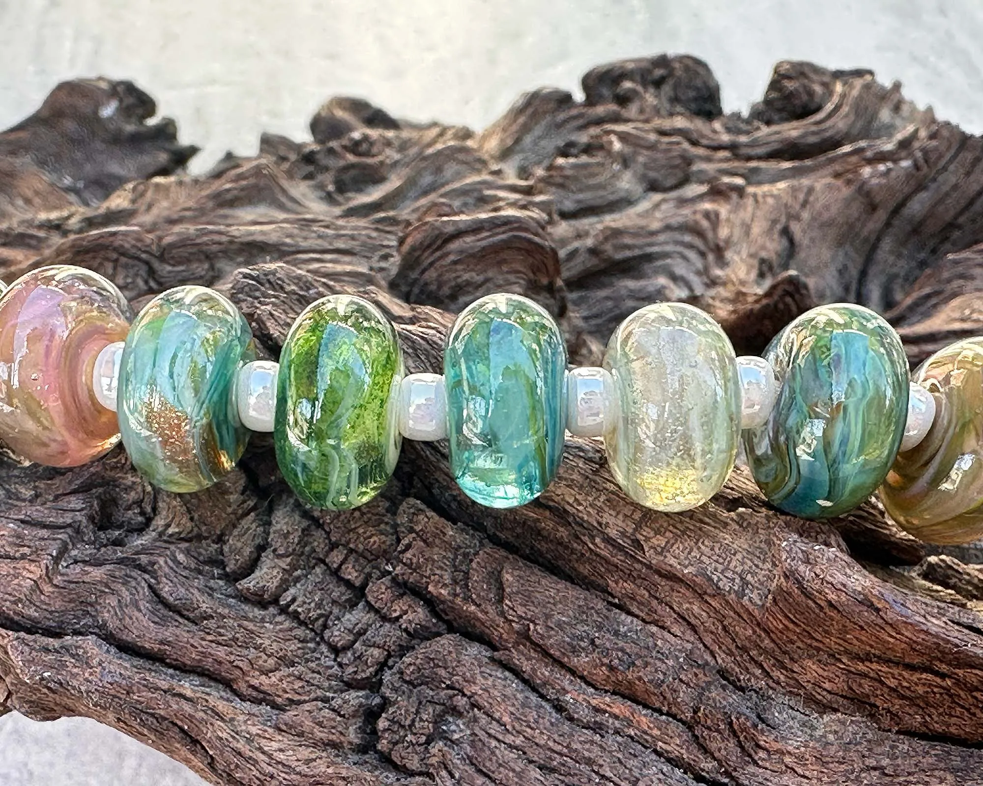 14 Sage Mirage Swirls Lampwork Beads Set SRA