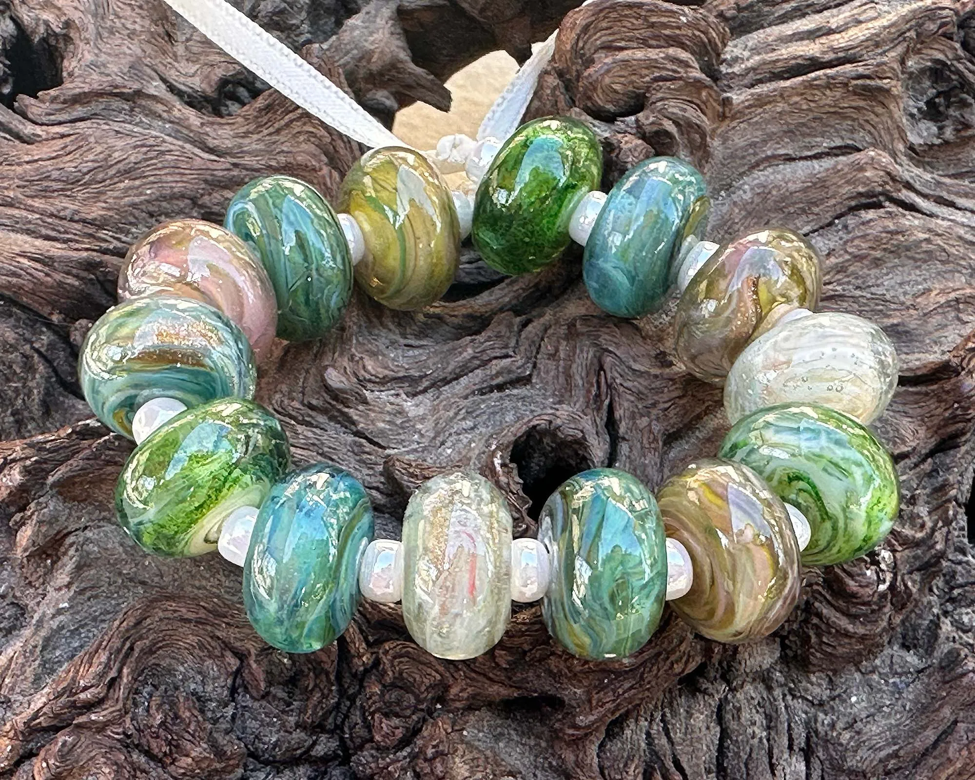 14 Sage Mirage Swirls Lampwork Beads Set SRA
