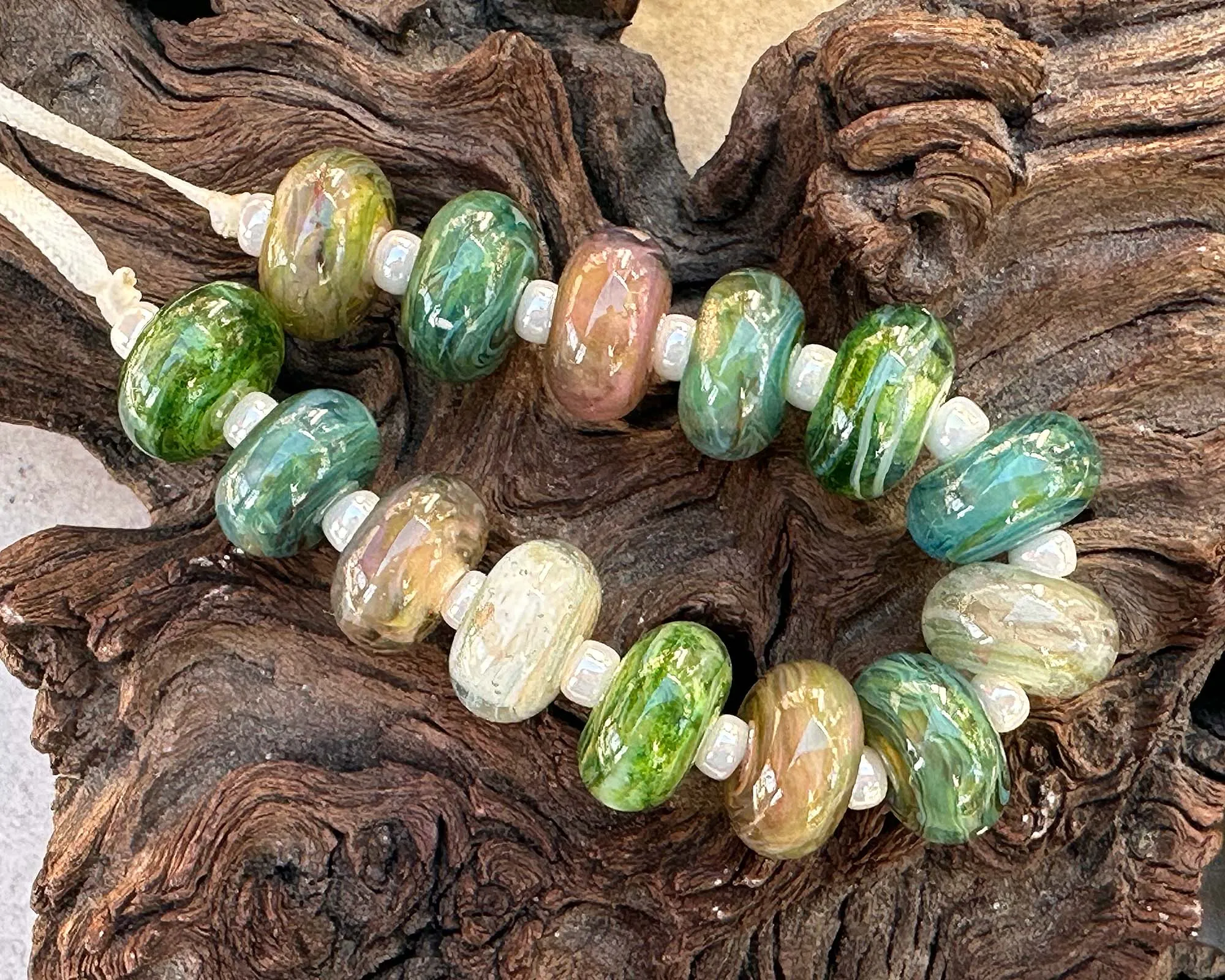 14 Sage Mirage Swirls Lampwork Beads Set SRA