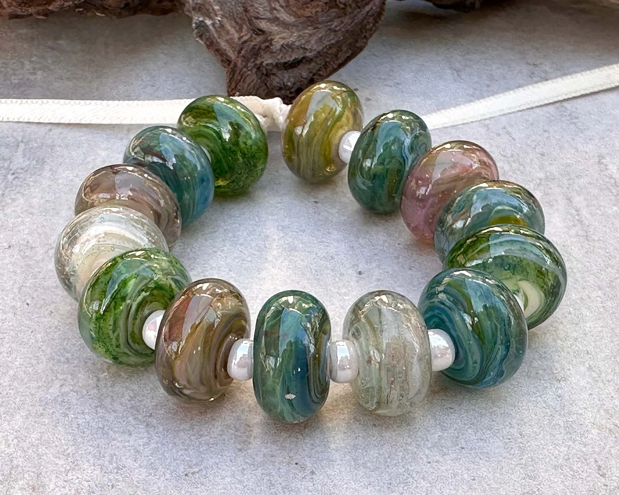 14 Sage Mirage Swirls Lampwork Beads Set SRA
