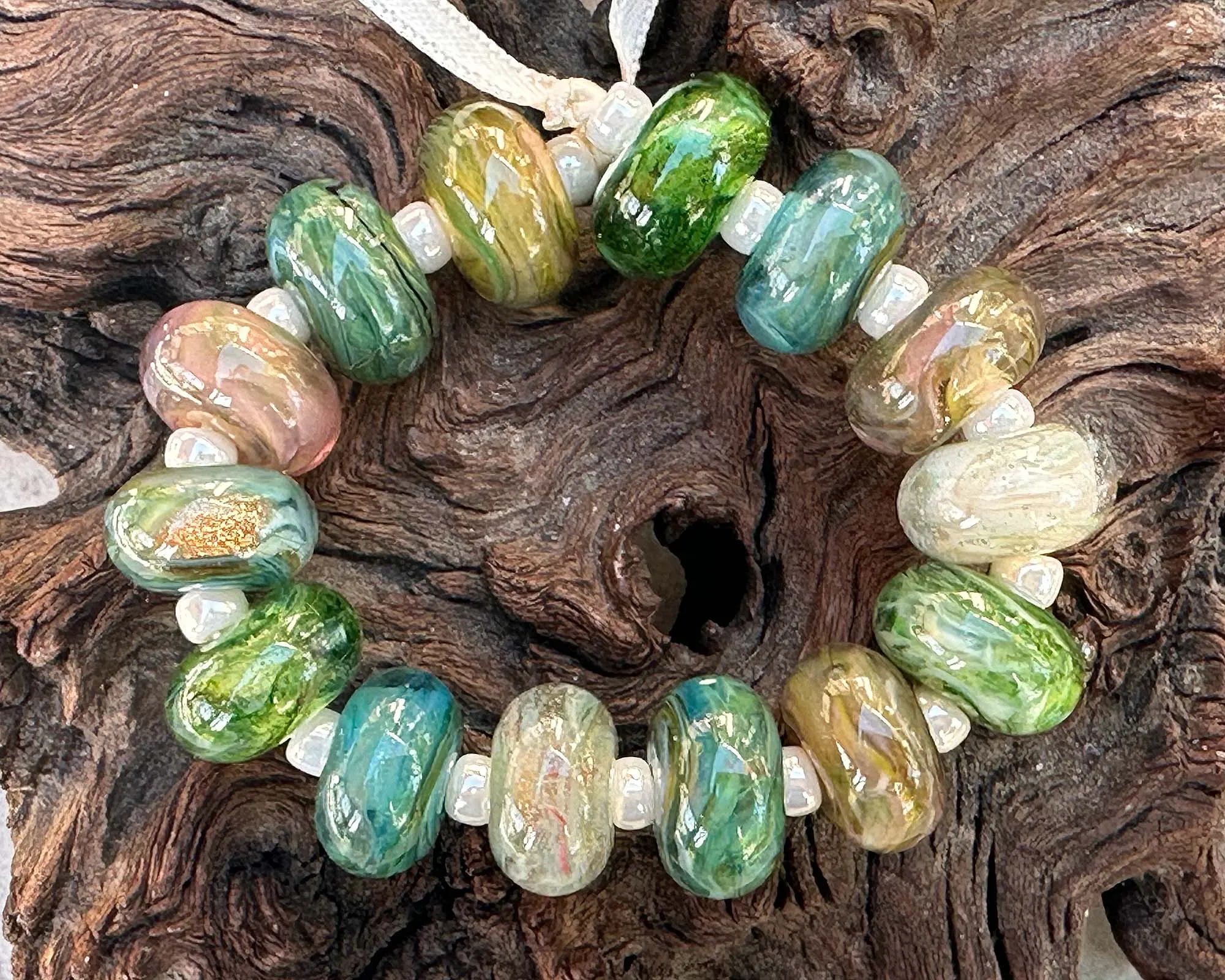 14 Sage Mirage Swirls Lampwork Beads Set SRA