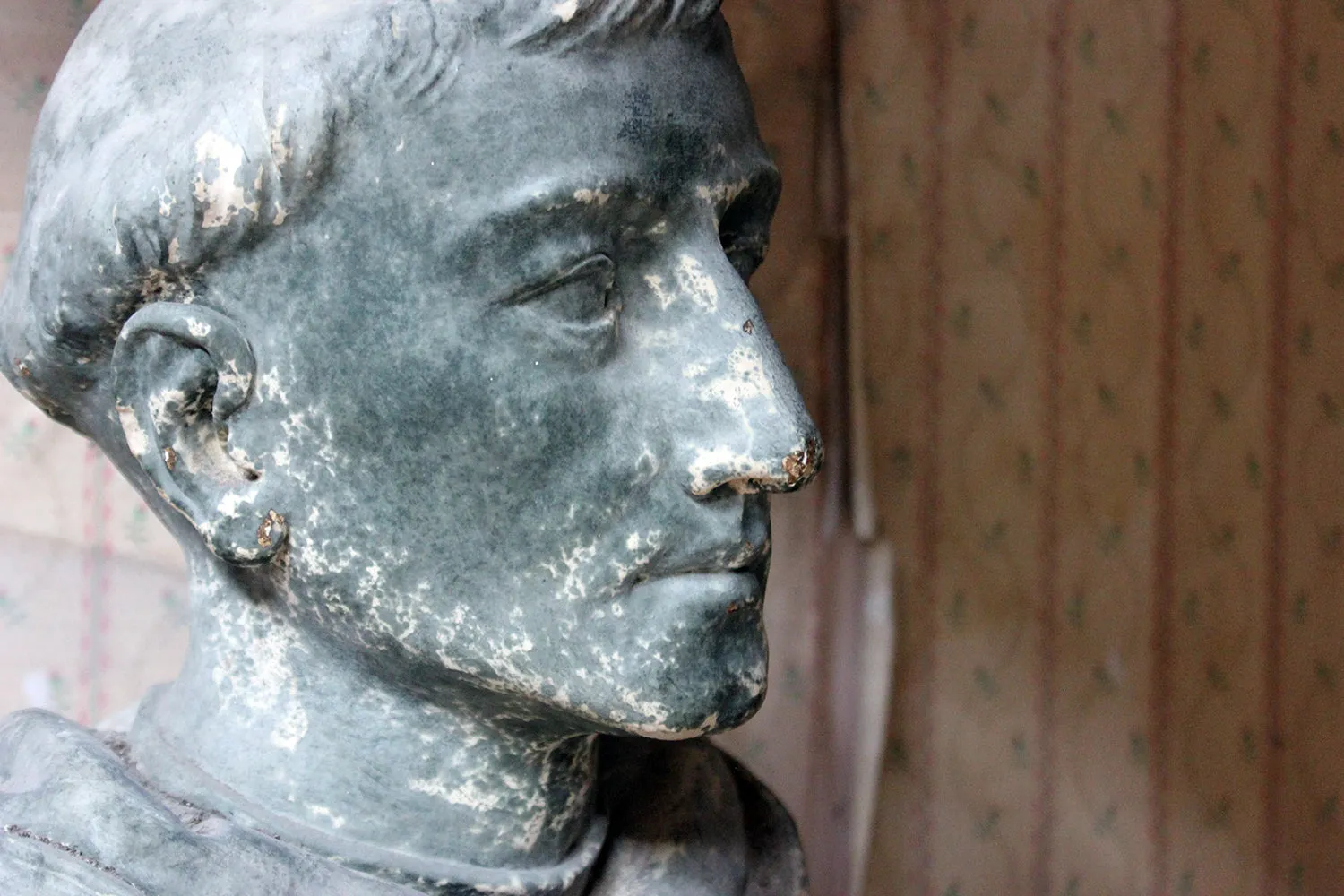 A Large 19thC Painted Plaster Portrait Library Bust of St. Francis of Assisi; Ex Milford House