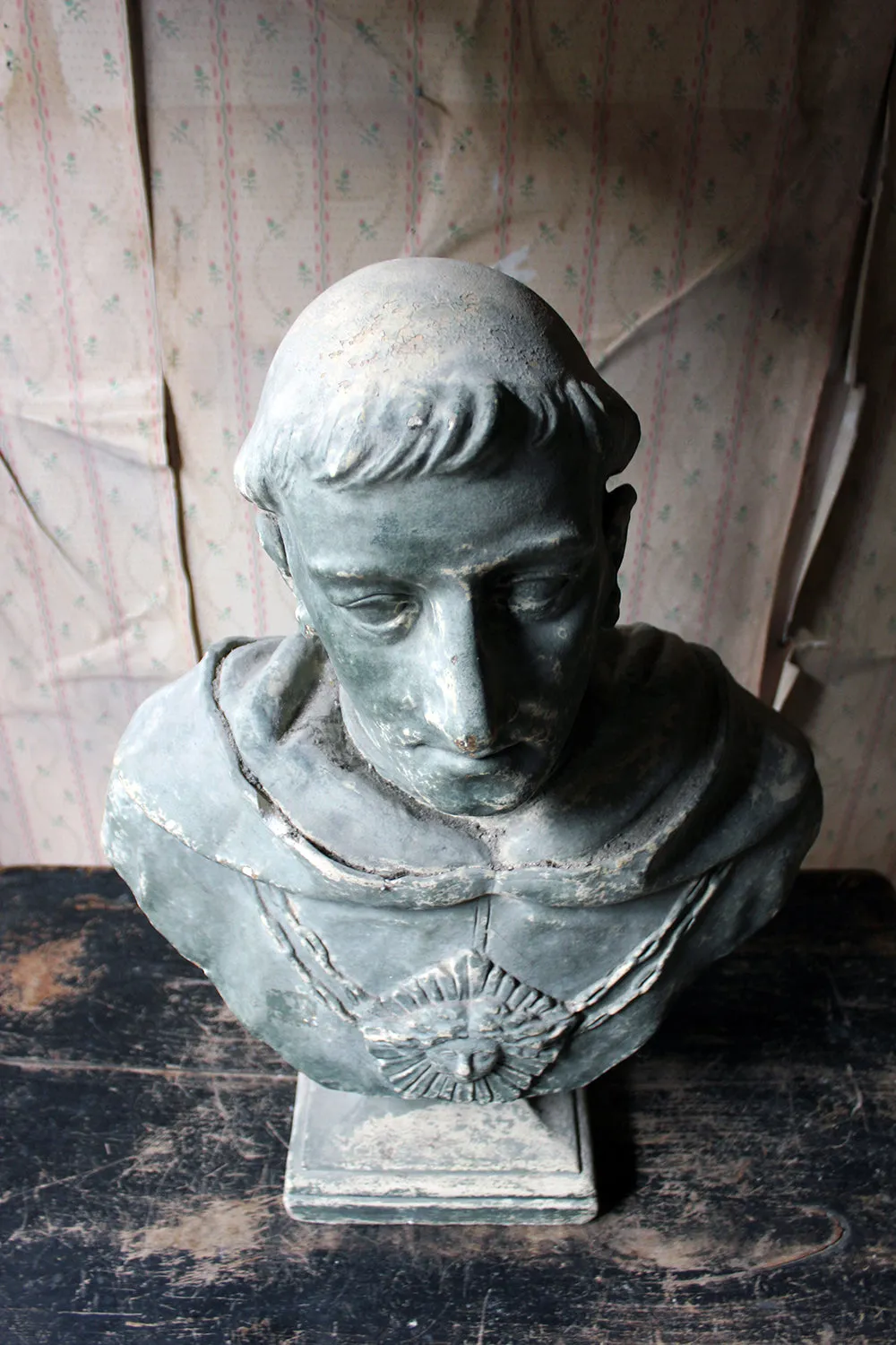 A Large 19thC Painted Plaster Portrait Library Bust of St. Francis of Assisi; Ex Milford House