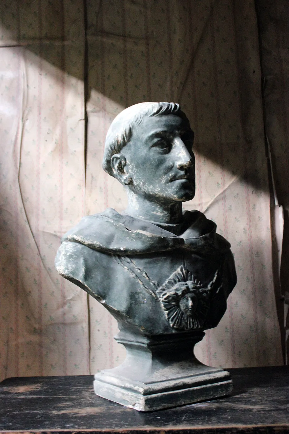A Large 19thC Painted Plaster Portrait Library Bust of St. Francis of Assisi; Ex Milford House