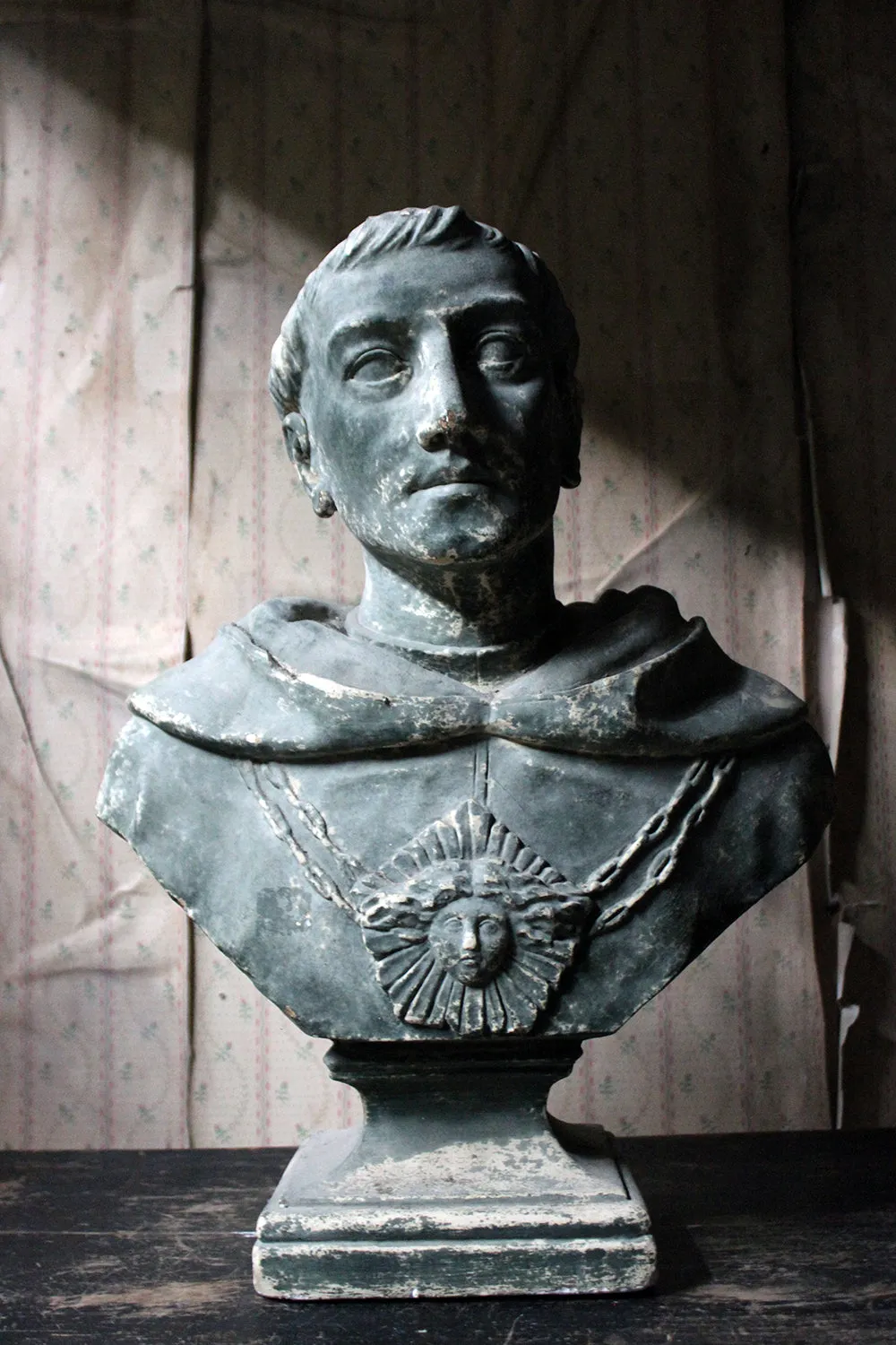 A Large 19thC Painted Plaster Portrait Library Bust of St. Francis of Assisi; Ex Milford House