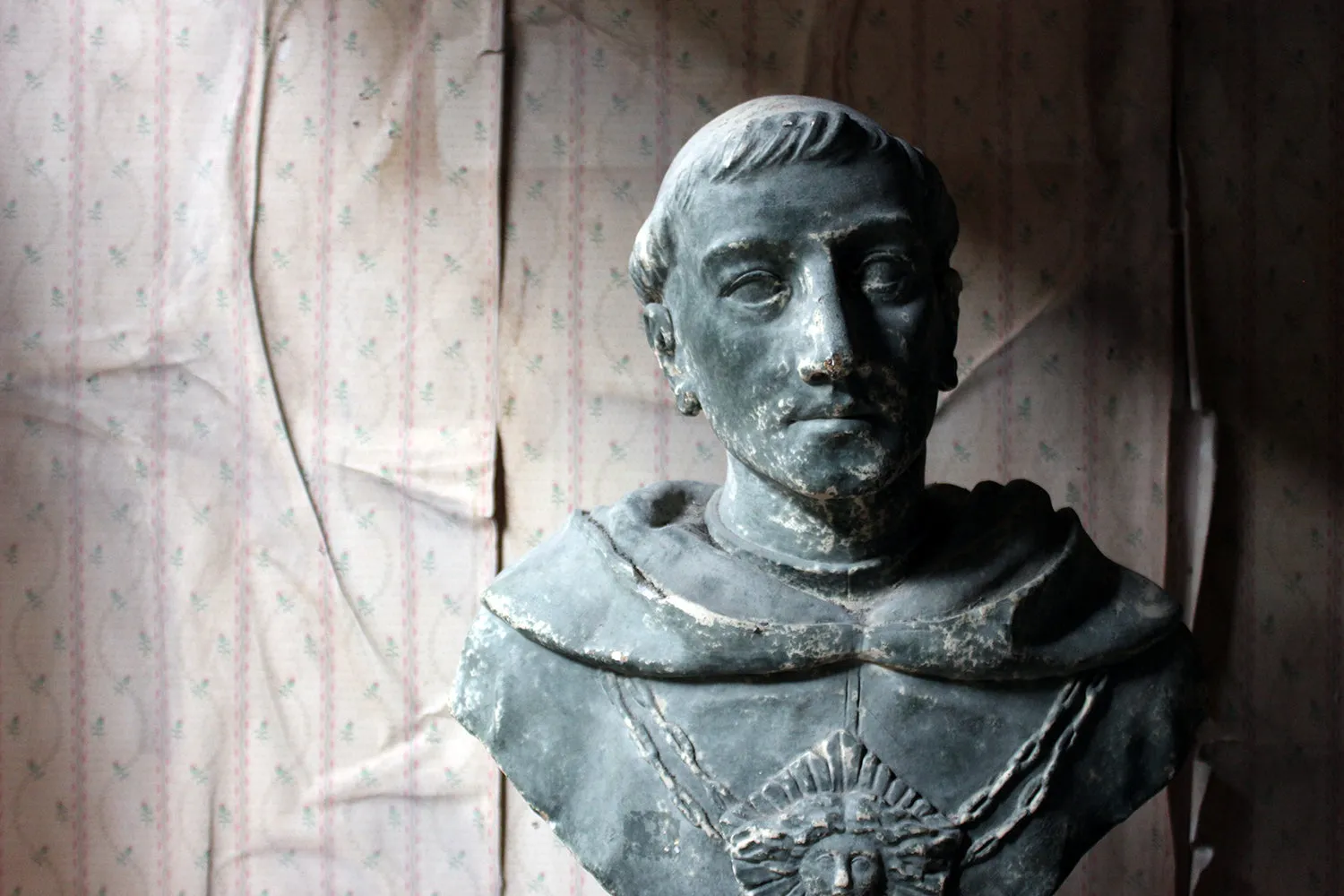 A Large 19thC Painted Plaster Portrait Library Bust of St. Francis of Assisi; Ex Milford House