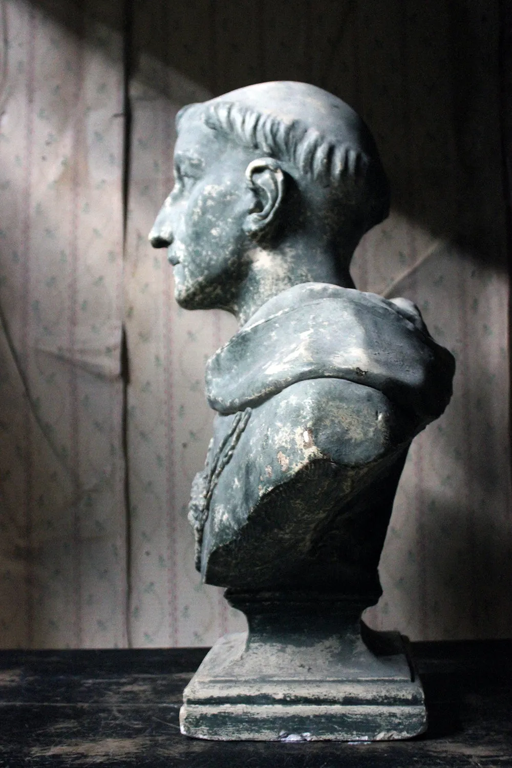 A Large 19thC Painted Plaster Portrait Library Bust of St. Francis of Assisi; Ex Milford House