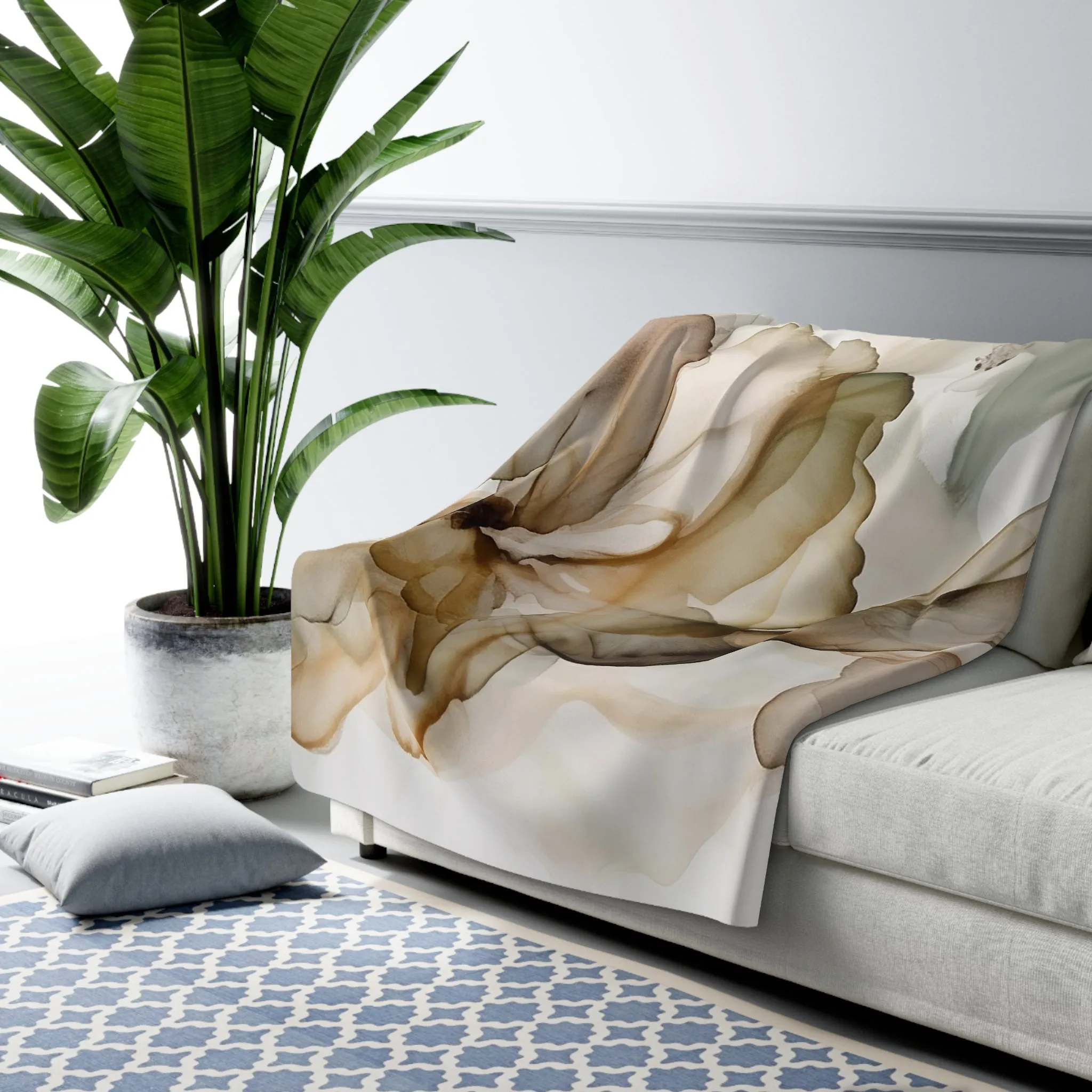 Abstract Boho Comfy Blanket | Abstract, Brown Blush White Beige Blue Liquid Ink
