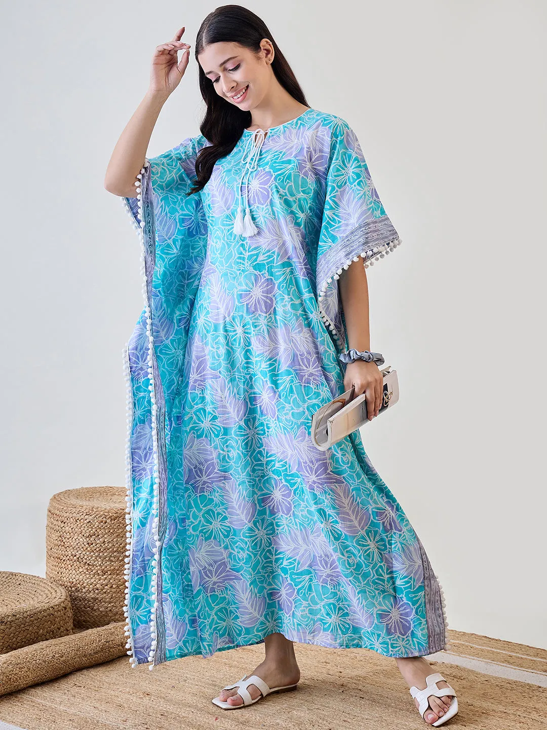Abstract Floral Bright Blue Pom Pom Cotton Night wear Kaftan