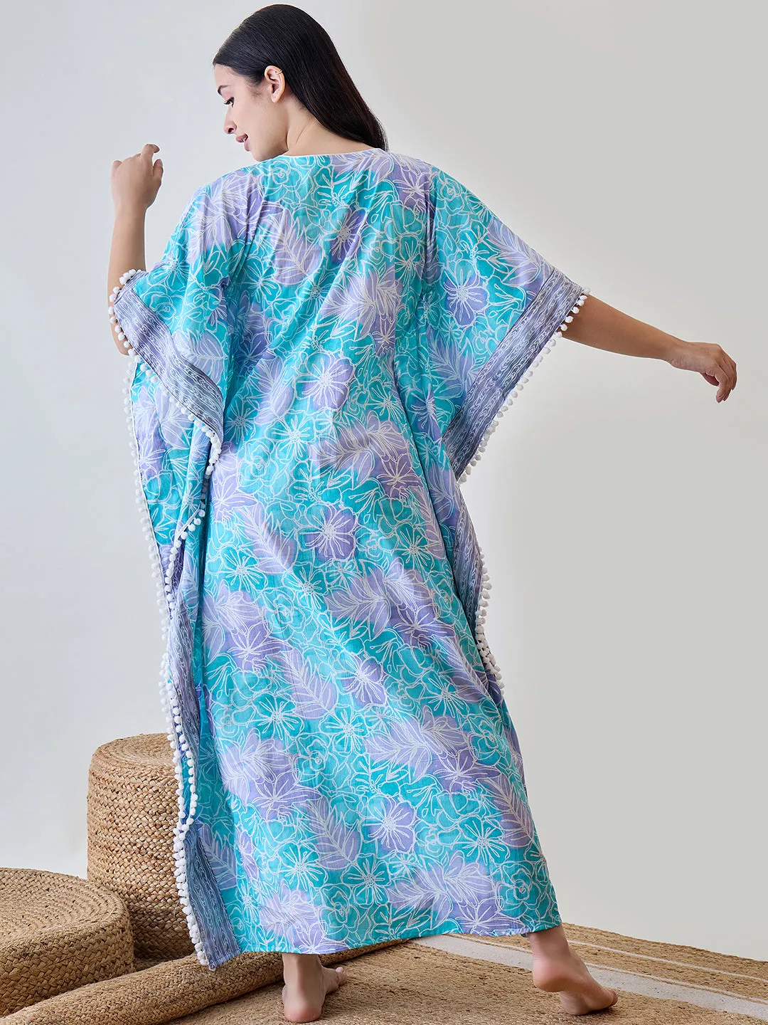 Abstract Floral Bright Blue Pom Pom Cotton Night wear Kaftan