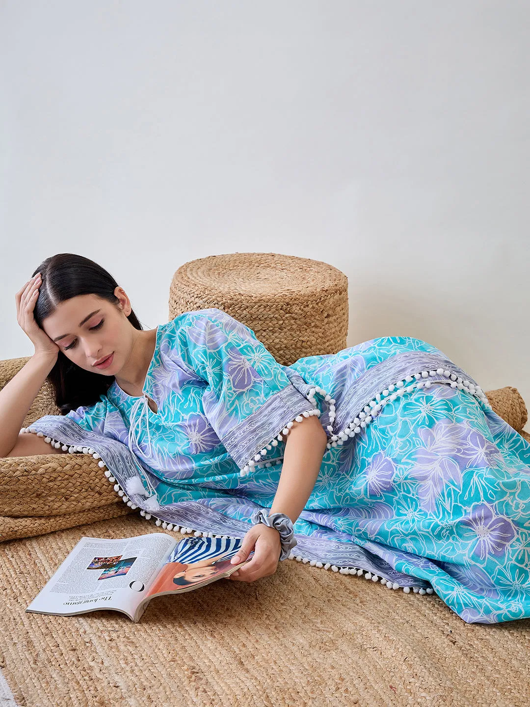 Abstract Floral Bright Blue Pom Pom Cotton Night wear Kaftan
