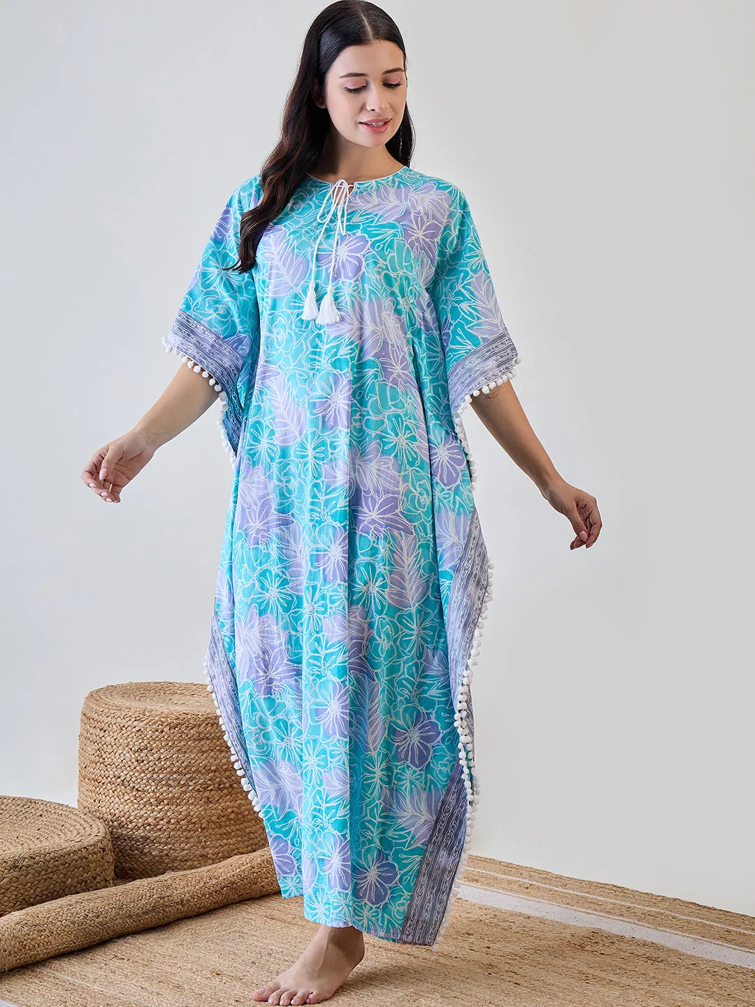 Abstract Floral Bright Blue Pom Pom Cotton Night wear Kaftan
