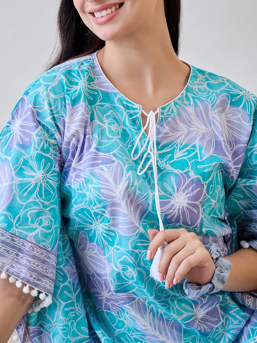 Abstract Floral Bright Blue Pom Pom Cotton Night wear Kaftan