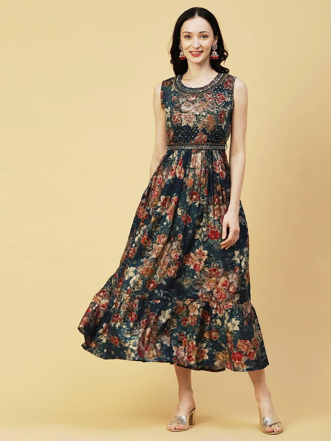 Abstract Floral Foil Printed A-Line Fit & Flare Midi Dress with Belt - Sea Green