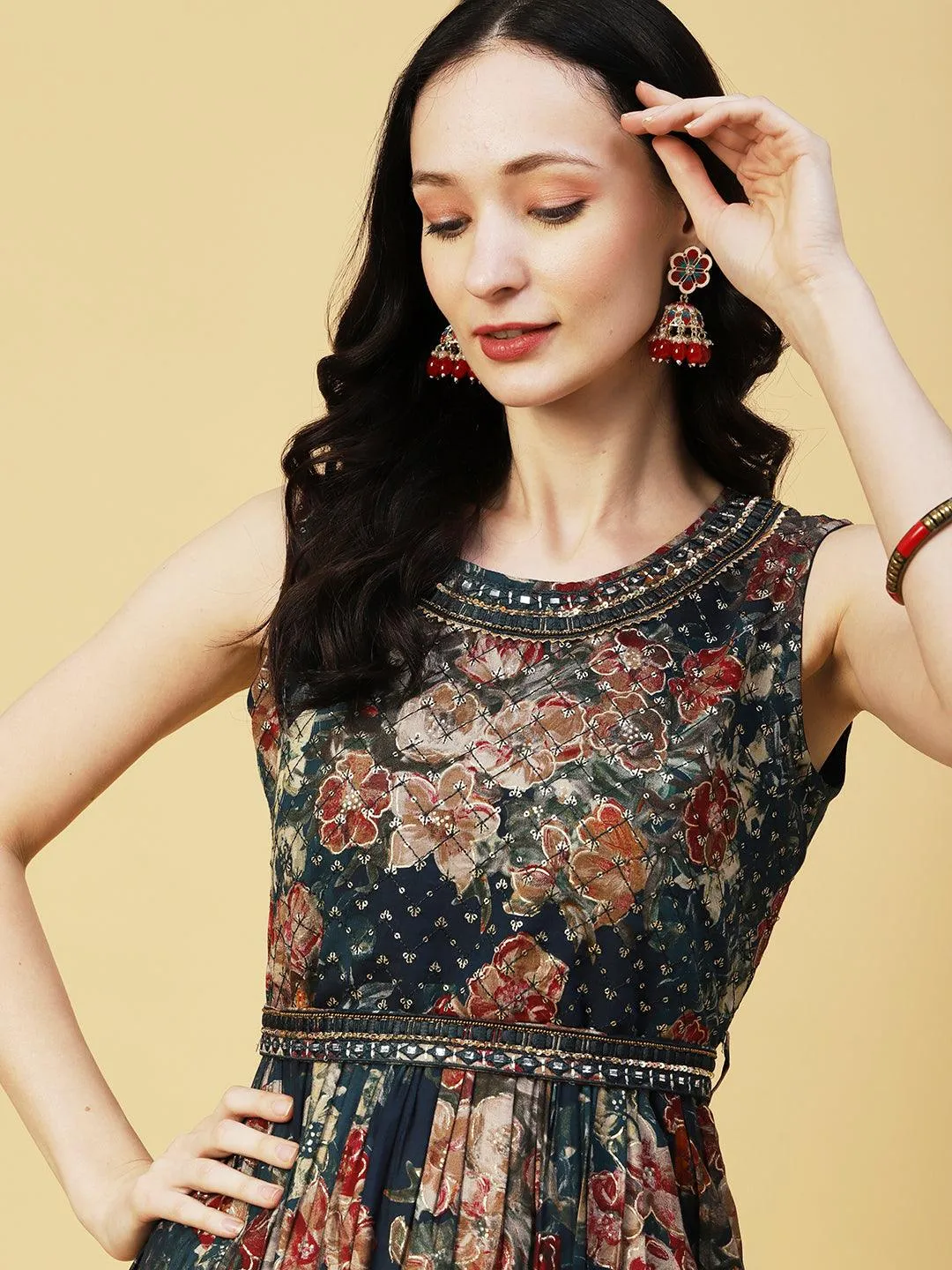 Abstract Floral Foil Printed A-Line Fit & Flare Midi Dress with Belt - Sea Green