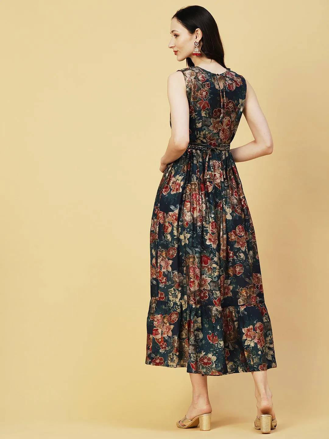 Abstract Floral Foil Printed A-Line Fit & Flare Midi Dress with Belt - Sea Green