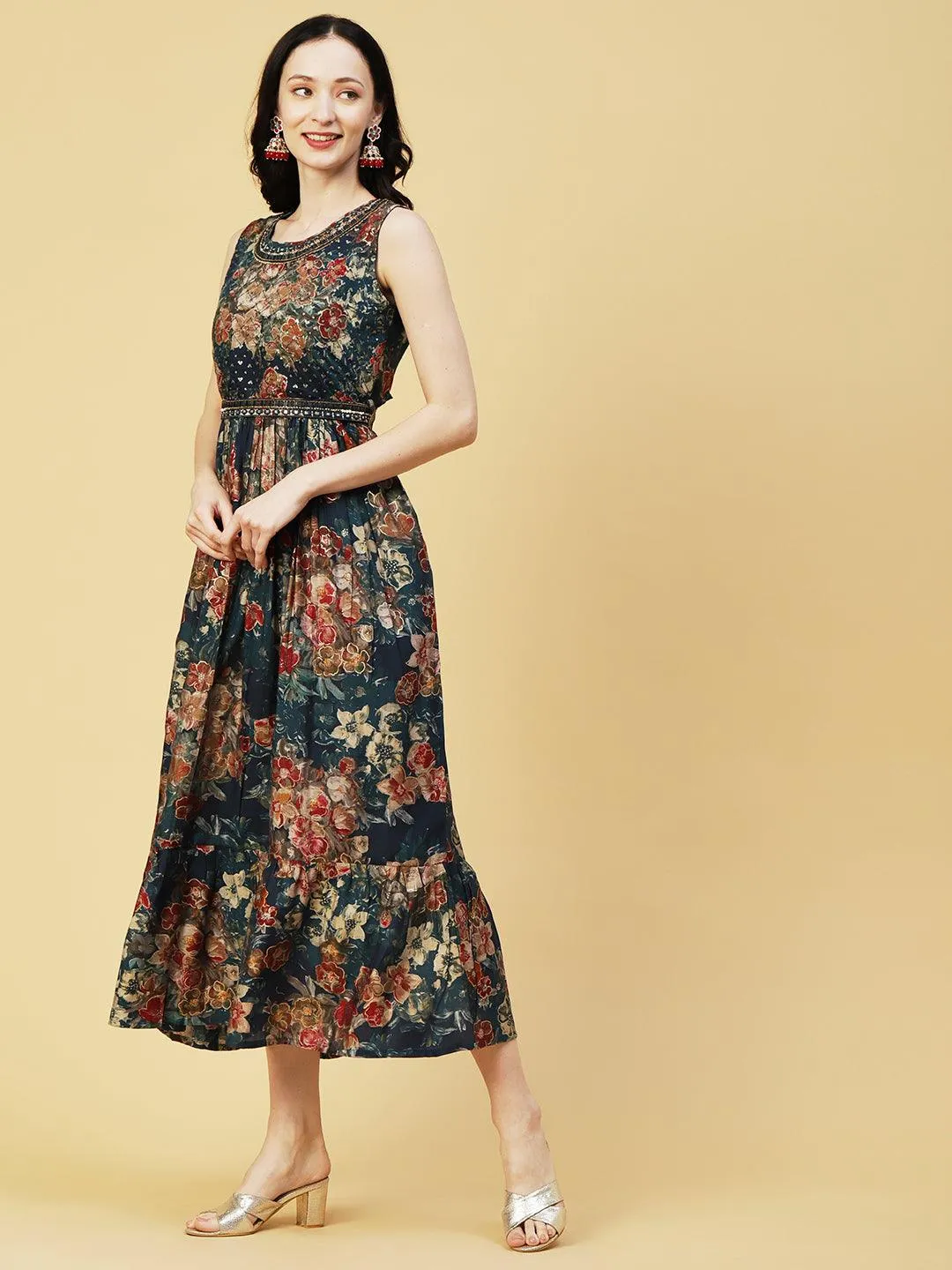 Abstract Floral Foil Printed A-Line Fit & Flare Midi Dress with Belt - Sea Green