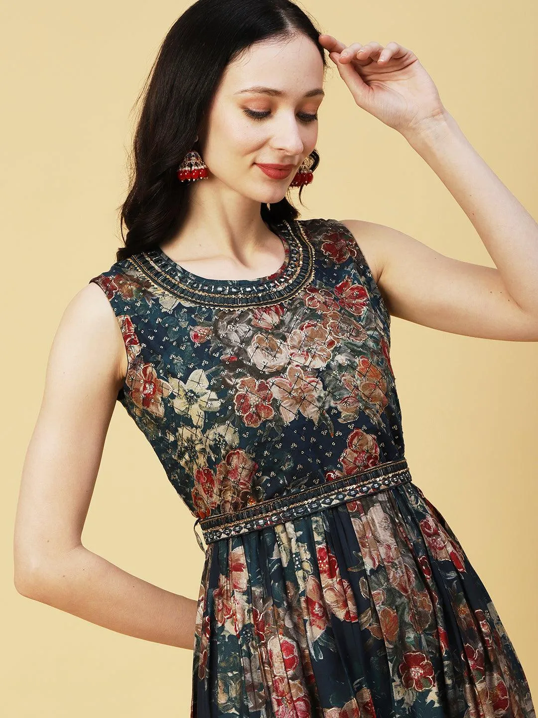 Abstract Floral Foil Printed A-Line Fit & Flare Midi Dress with Belt - Sea Green