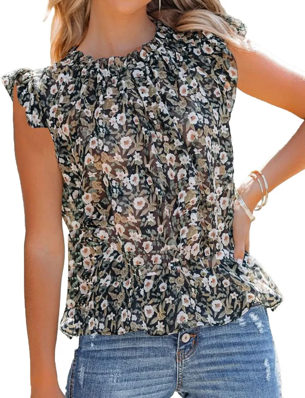 Allimy Women Summer Ruffle Trim Neckline Tank Tops Double Lined Chiffon Blouses