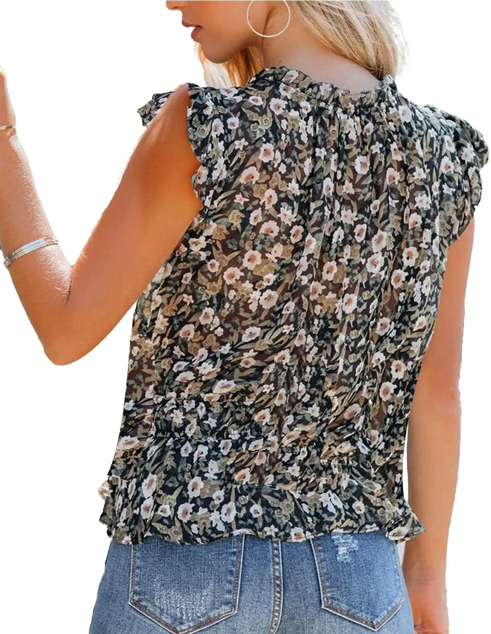 Allimy Women Summer Ruffle Trim Neckline Tank Tops Double Lined Chiffon Blouses