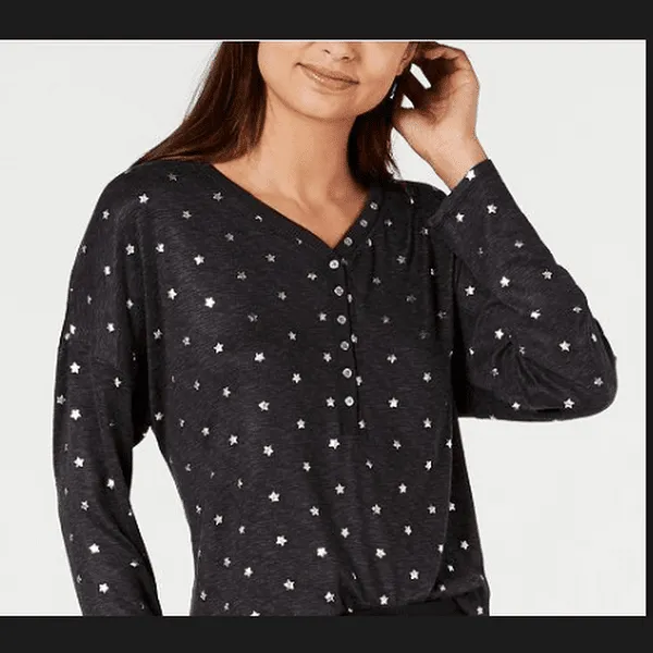 Ande Foil-Printed Henley Knit Pajama Top, Size Small