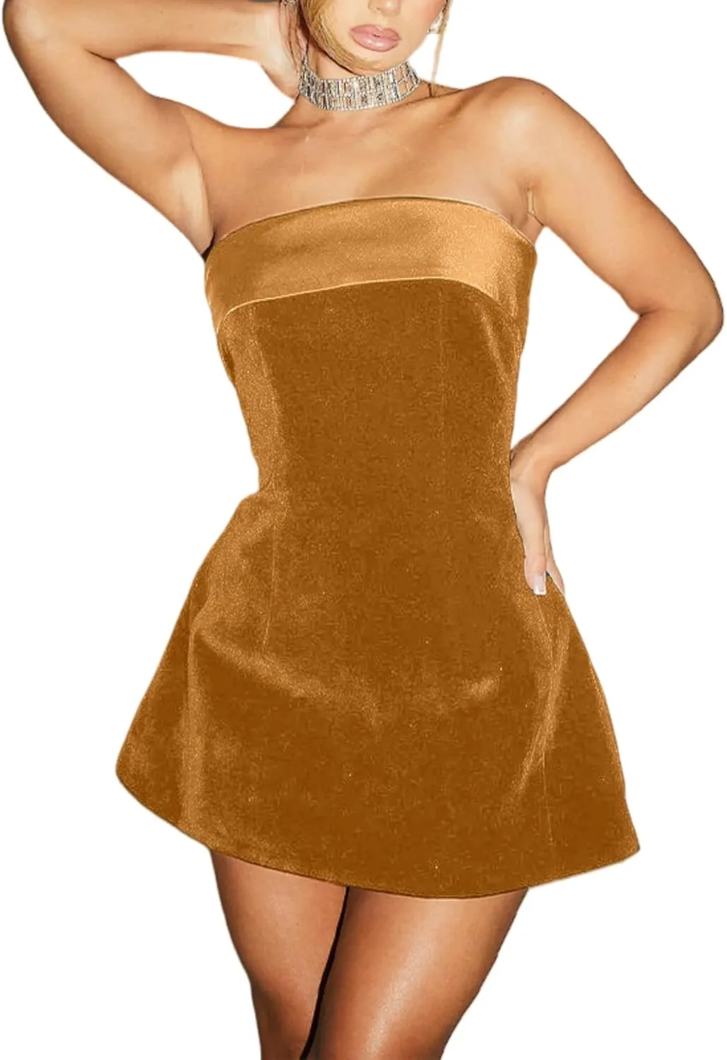 ANKOMINA Women's Sexy Strapless Bodycon Mini Dress Velvet Off Shoulder A-Line Tube Top Dress Party Club Dresses