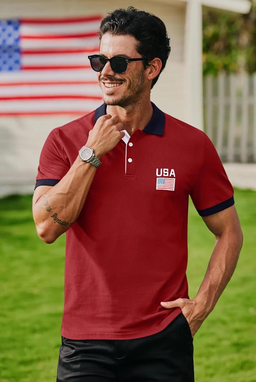 Arvilhill Men's American Flag Polo Shirts Patriotic Golf Polos 1776 Cotton Pique Tee Tops (S-3XL)