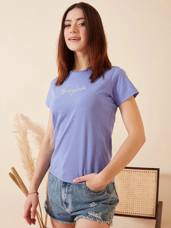 Berrylush Women Solid Blue Round Neck Short Sleeves Logo Embroidered Regular T-Shirt