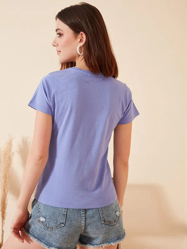 Berrylush Women Solid Blue Round Neck Short Sleeves Logo Embroidered Regular T-Shirt