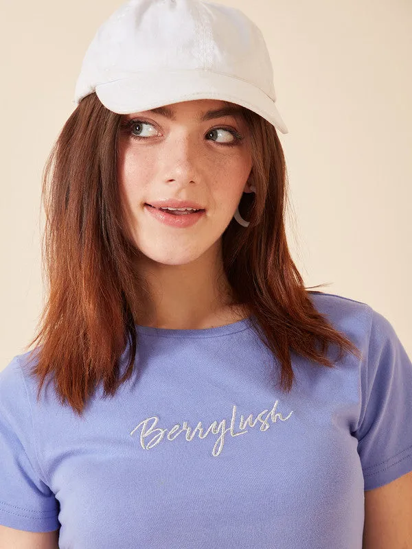Berrylush Women Solid Blue Round Neck Short Sleeves Logo Embroidered Regular T-Shirt