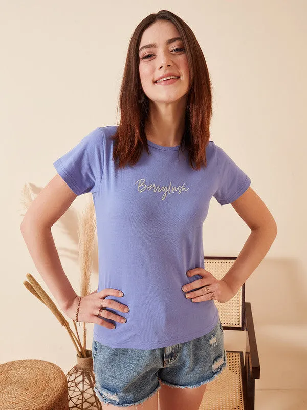 Berrylush Women Solid Blue Round Neck Short Sleeves Logo Embroidered Regular T-Shirt