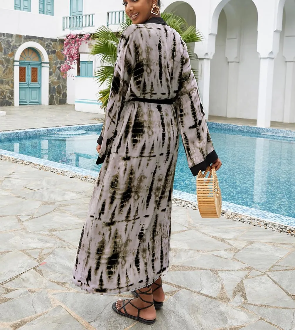 Bestyyou Women's Printed Kimono Cardigan with Tie Long Robe Dress Belted Bikini Swimsuit Cover Up Swimwear