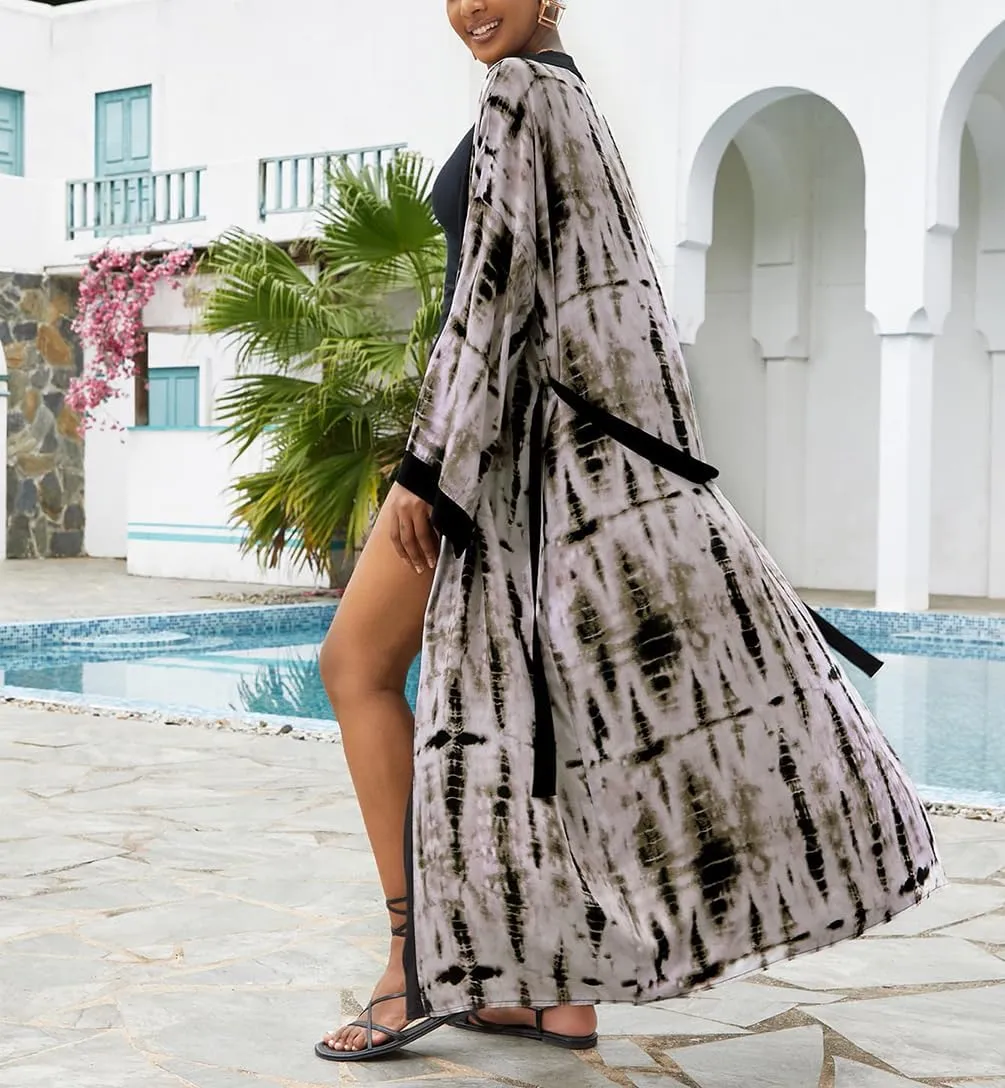 Bestyyou Women's Printed Kimono Cardigan with Tie Long Robe Dress Belted Bikini Swimsuit Cover Up Swimwear
