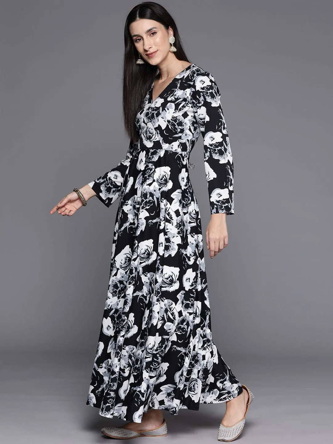 Black Floral Printed Angrakha Style Anarkali Kurta