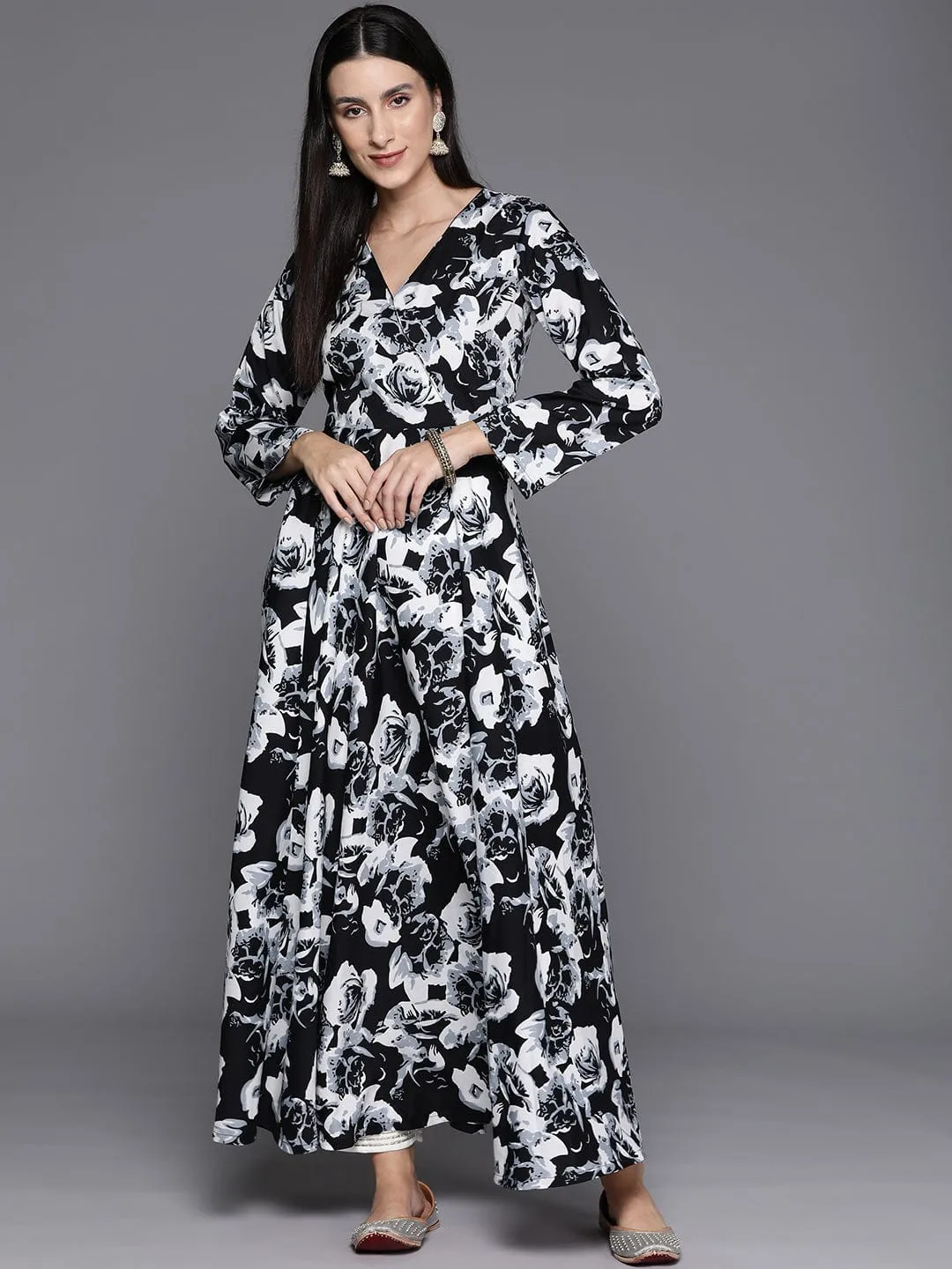Black Floral Printed Angrakha Style Anarkali Kurta