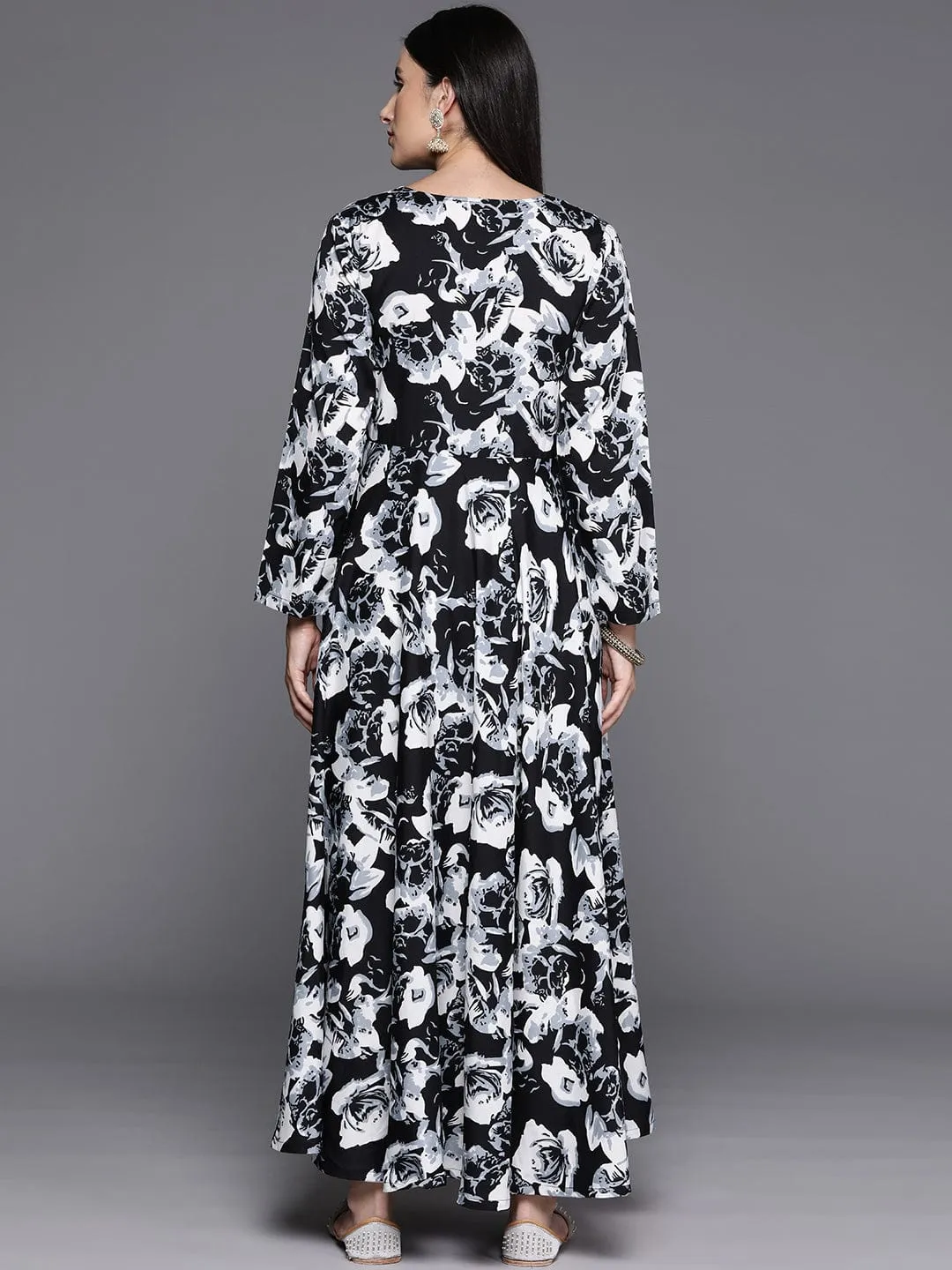 Black Floral Printed Angrakha Style Anarkali Kurta