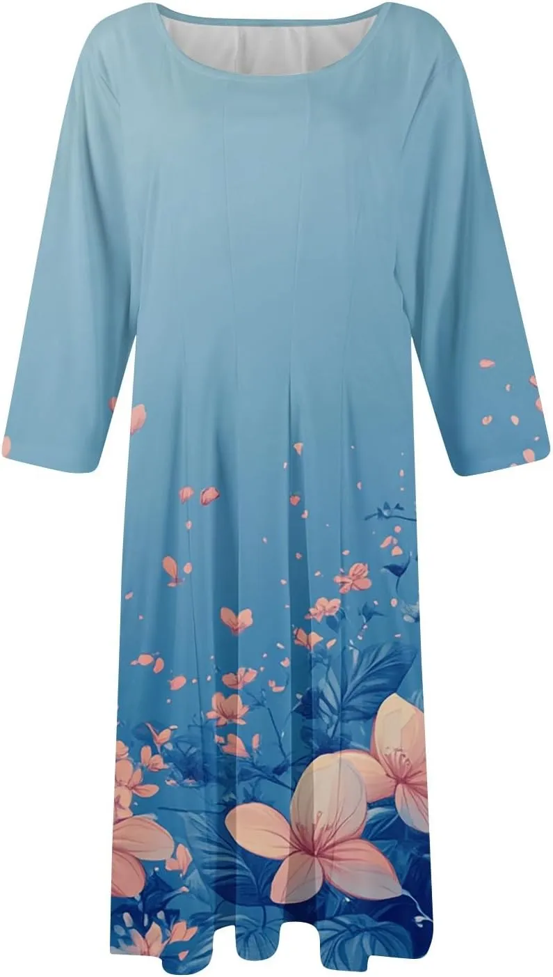 Boho Floral Dress for Women 3/4 Sleeve Summer Wrap Dress Ruched Midi Spring Flowy Vacation Dresses with Pocket