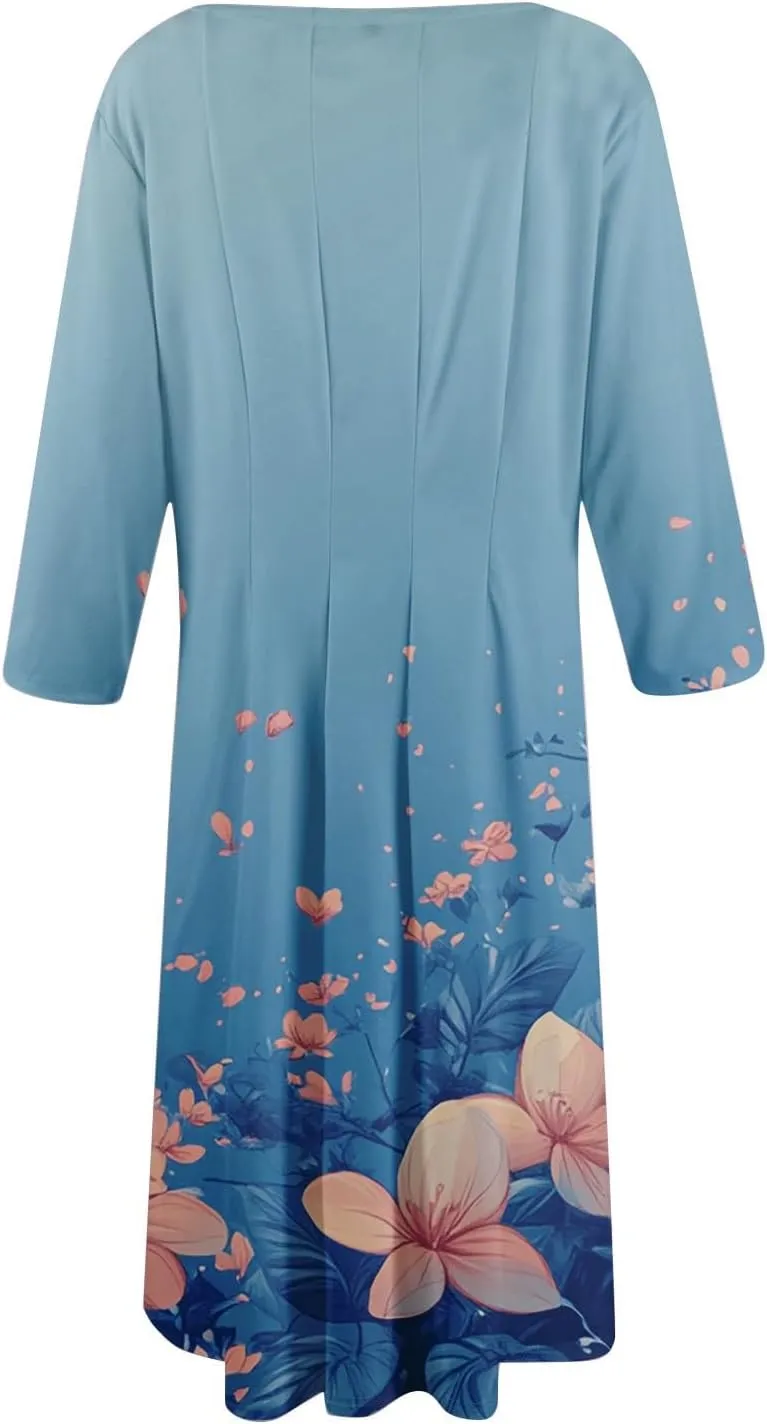 Boho Floral Dress for Women 3/4 Sleeve Summer Wrap Dress Ruched Midi Spring Flowy Vacation Dresses with Pocket