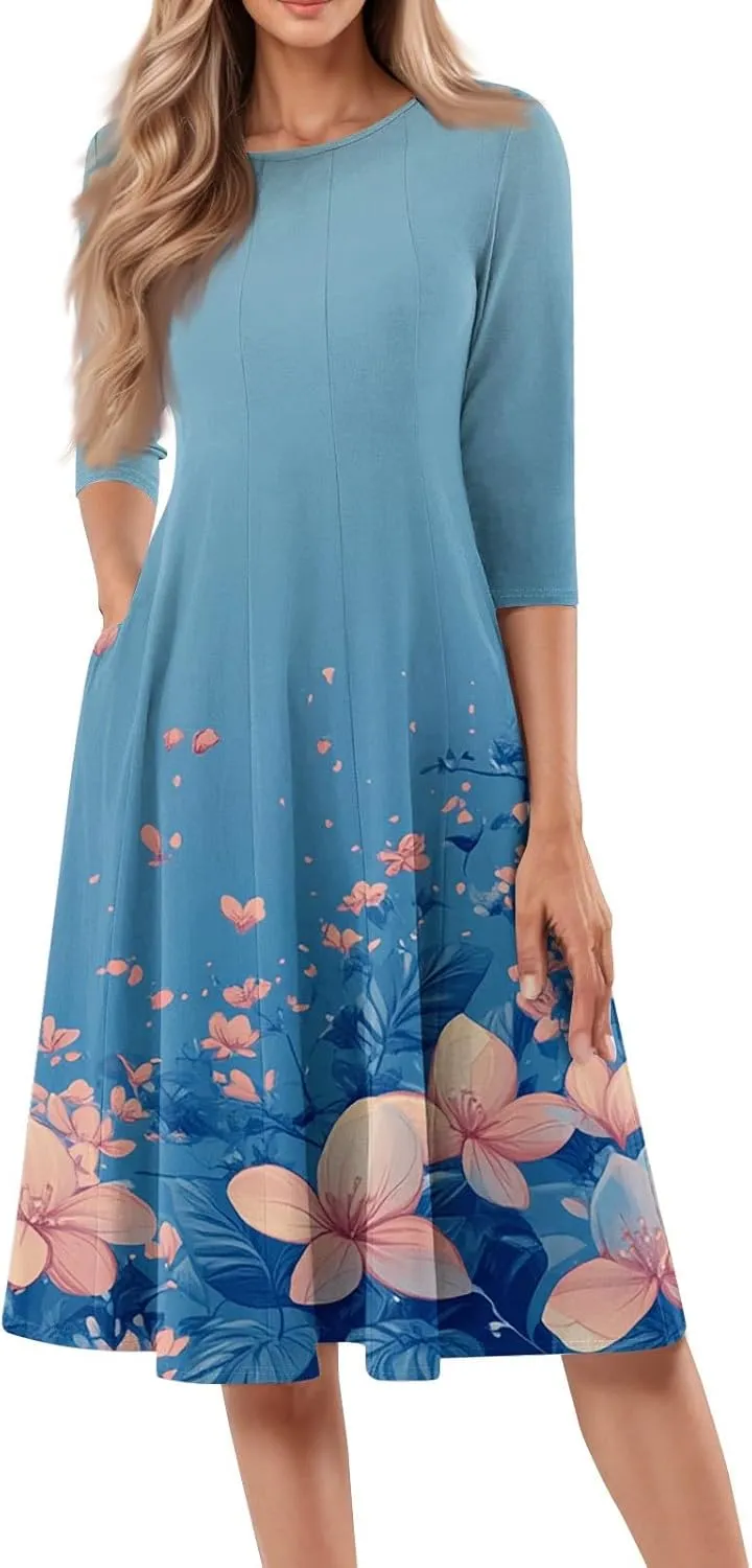 Boho Floral Dress for Women 3/4 Sleeve Summer Wrap Dress Ruched Midi Spring Flowy Vacation Dresses with Pocket