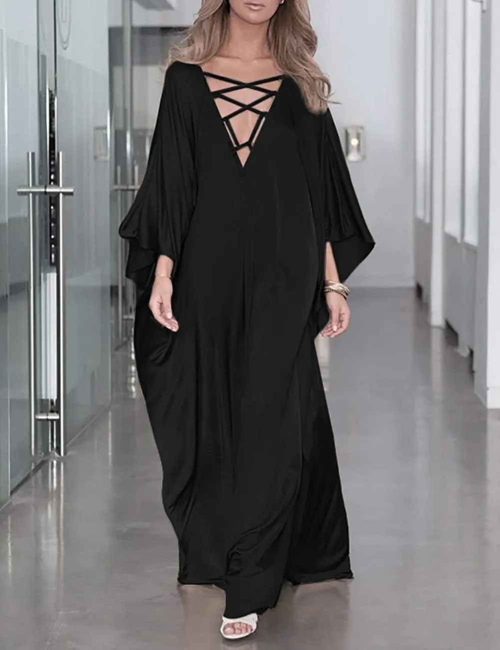 Bsubseach 2025 Long Kaftan Dresses Muumuu Plus Size V Neck Vintage Caftan Coverup Sexy Satin Dress