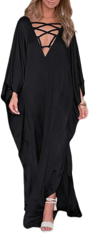 Bsubseach 2025 Long Kaftan Dresses Muumuu Plus Size V Neck Vintage Caftan Coverup Sexy Satin Dress