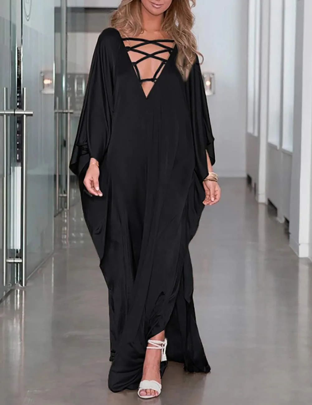 Bsubseach 2025 Long Kaftan Dresses Muumuu Plus Size V Neck Vintage Caftan Coverup Sexy Satin Dress