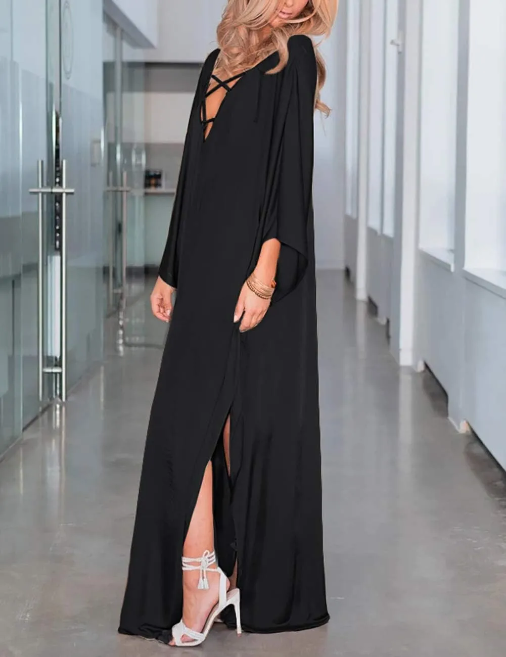 Bsubseach 2025 Long Kaftan Dresses Muumuu Plus Size V Neck Vintage Caftan Coverup Sexy Satin Dress