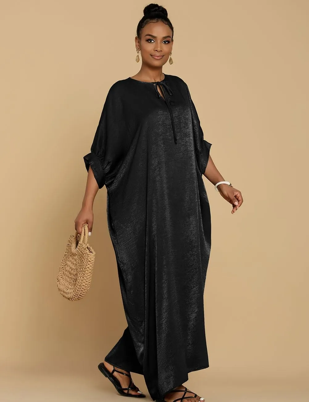 Bsubseach Kaftan Dresses for Women Satin V-Neck Caftans Coverups Long Dress Plus Size Beach Cover Up