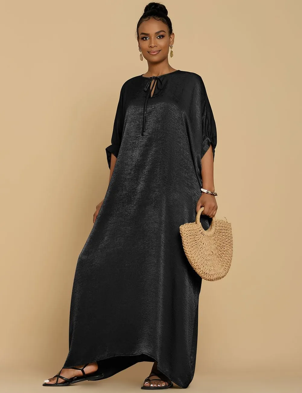 Bsubseach Kaftan Dresses for Women Satin V-Neck Caftans Coverups Long Dress Plus Size Beach Cover Up