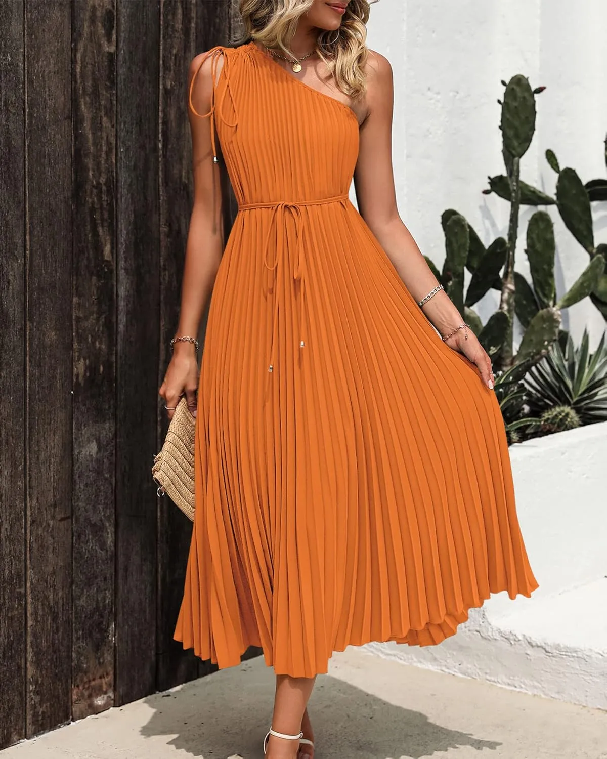 BTFBM Women's Drawstring One Shoulder Maxi Dresses Summer Sleeveless Tie Waist Pleated Long Flowy Party Cocktail Dress