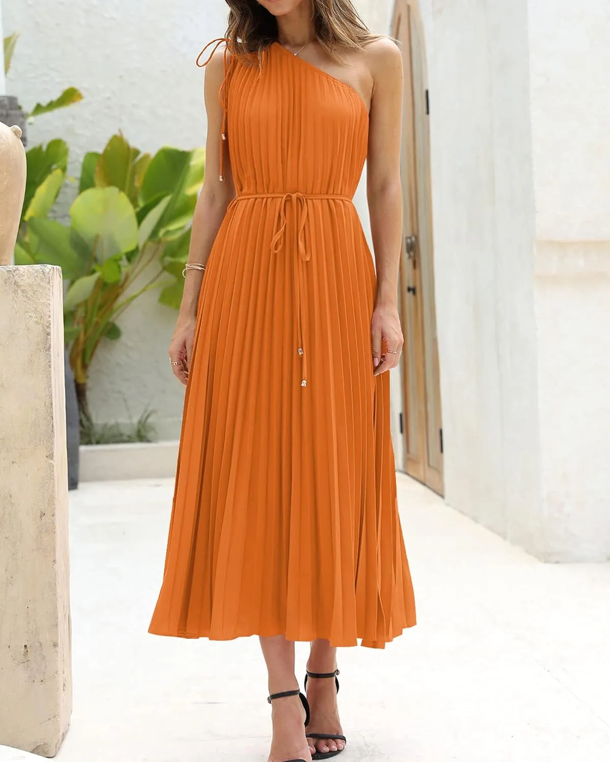 BTFBM Women's Drawstring One Shoulder Maxi Dresses Summer Sleeveless Tie Waist Pleated Long Flowy Party Cocktail Dress