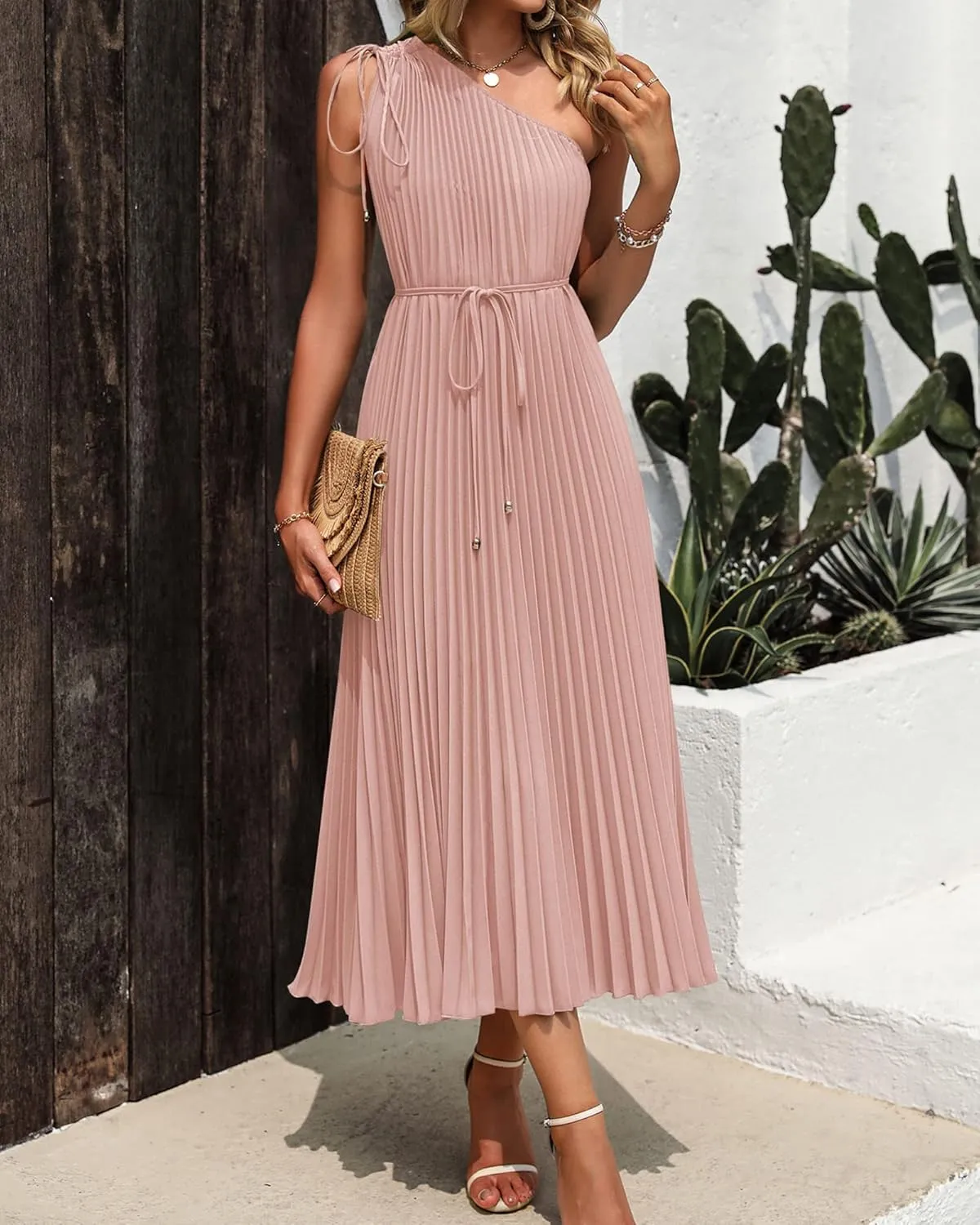 BTFBM Women's Drawstring One Shoulder Maxi Dresses Summer Sleeveless Tie Waist Pleated Long Flowy Party Cocktail Dress
